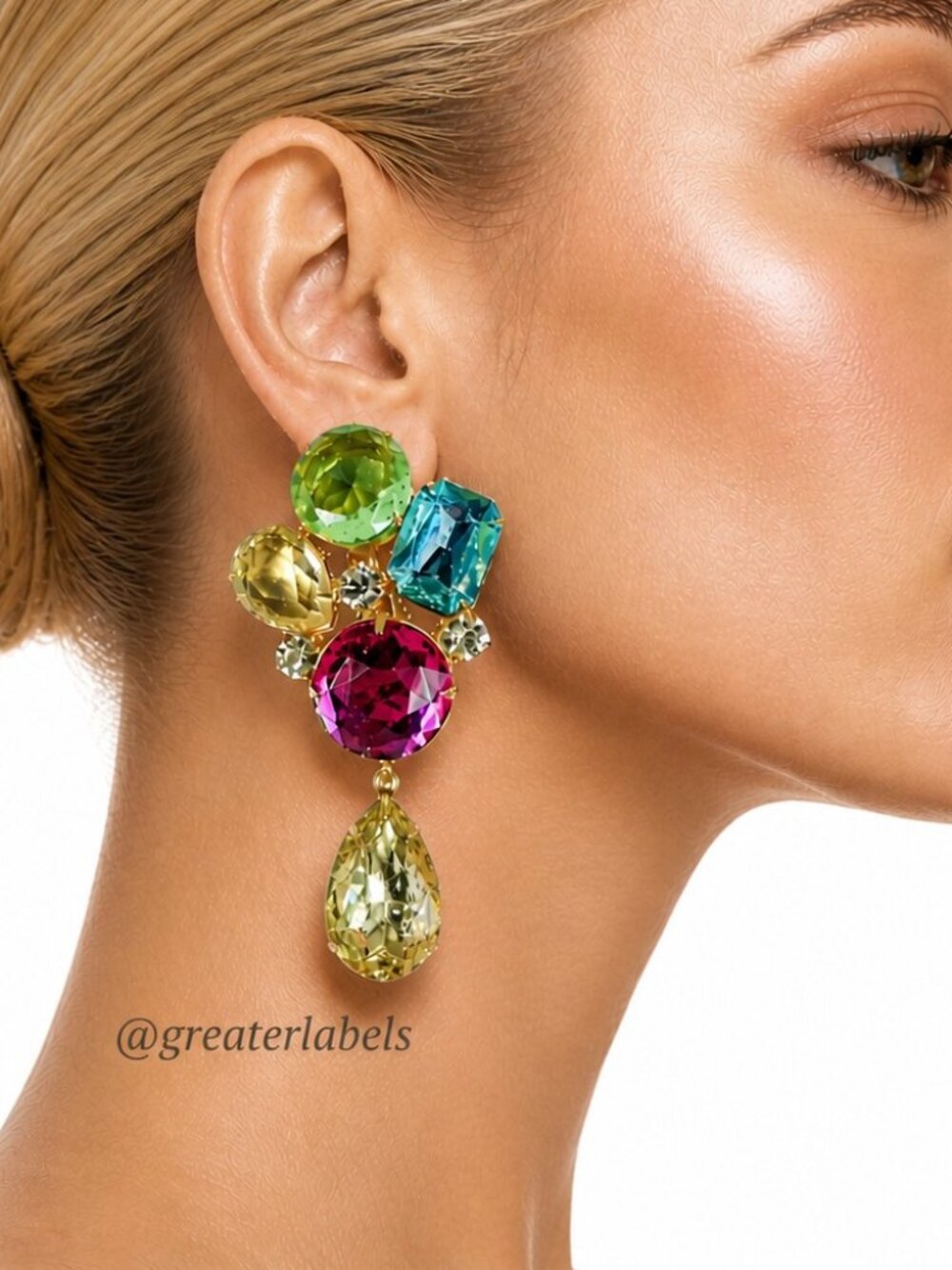 Kenneth Jay Lane 90s Vintage Statement Earrings Oversized 3” Multicolor Crystal